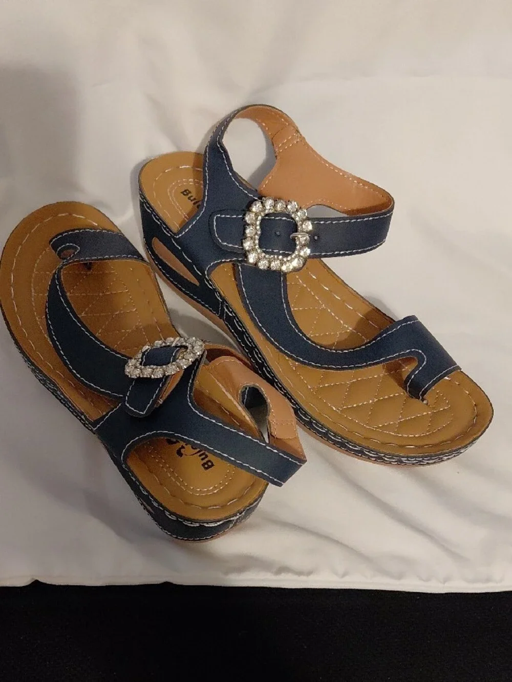 Women's Navy Wedge Sandals with Rhinestone Buckle